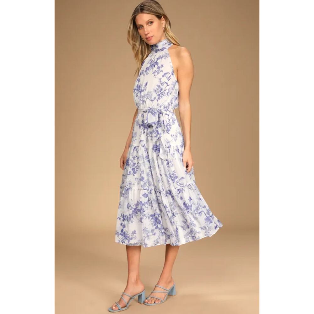 Lulu's White with Blue Floral Halter Midi Dress